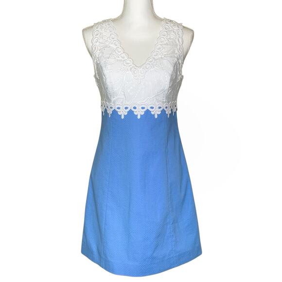 Lilly Pulitzer Sandi Blue Peri Leaf Pattern White Lace Stretch Shift Dress - Picture 4 of 11